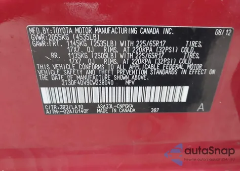 2012 Toyota Rav4 Limited из США, поврежденный, VIN 2T3DF4DV9CW238040